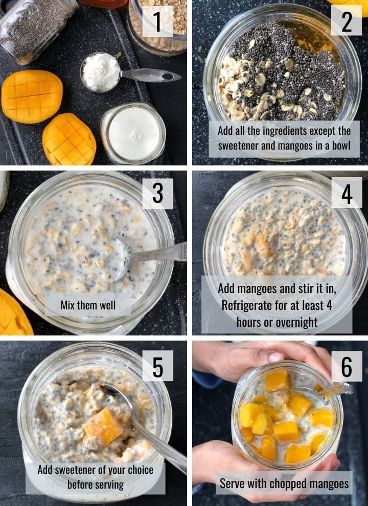 A collage of images showing how to make mango overnight oats
