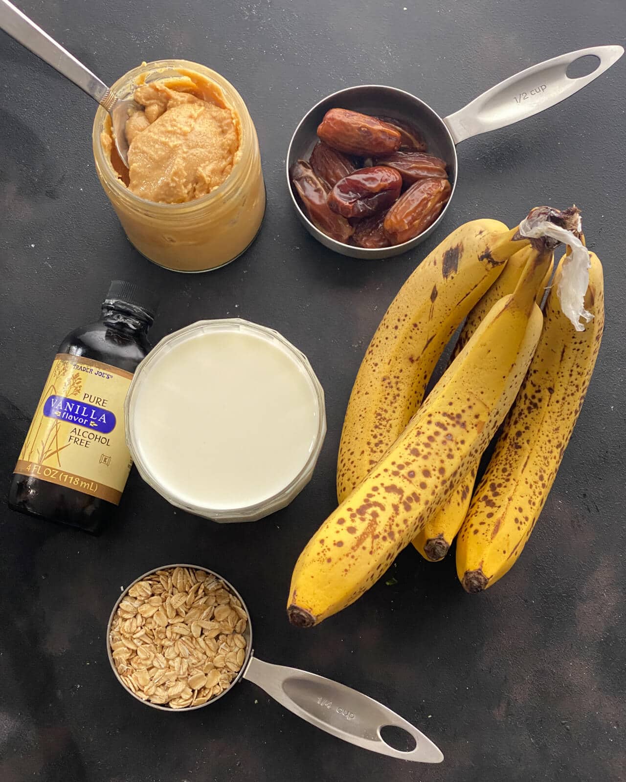 Ingredients for peanut Butter Banana Smoothie - Oats, Banana, Peanut Butter, Vanilla Essence, Dates and milk