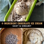 A picture of chocolate ice cream in an ice cream container the words 4 ingredient chocolate ice cream below, and two pictures of the steps to make chocolate ice cream at the bottom.