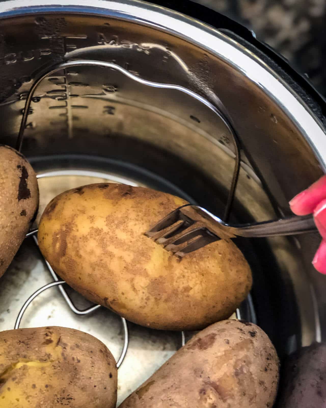Potatoes in an instant pot after cooking with a fork poking into one of the potatoes to check if it is done.