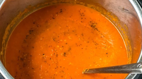 Blended marinara sauce with a spoon in the instant pot.
