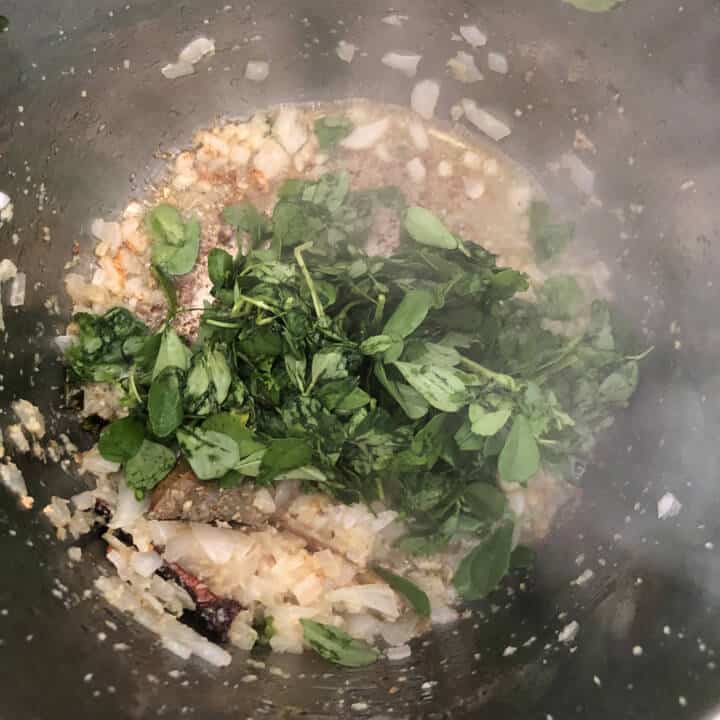 Chicken and methi added to instant pot.