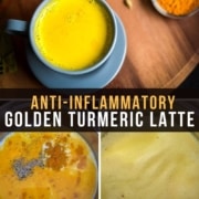 Three images in a grid. At the top a picture of turmeric latte in a cup in the middle the words Anti-Inflammatory Golden Turmeric Latte and at the bottom left and image of the ingredients in a sauce pan before cooking and in the bottom right the golden latte boiling in a sauce pan.