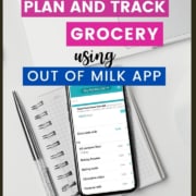 Laptop, book and phone image with caption plan and track grocery using out of milk app
