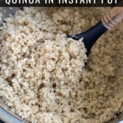 The instant pot with fluffy cooked quinoa and a large spoon to the top left with the words How to Make Quinoa in Instant Pot at the top center.