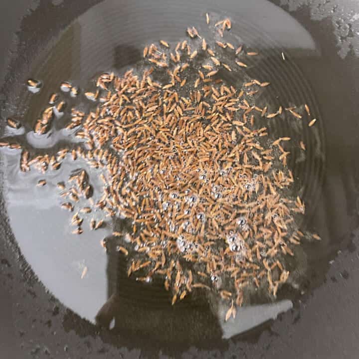 Cumin seeds stirred in the oil after cooking.