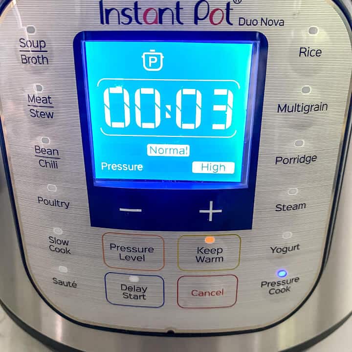 Instant pot set to PRESSURE COOK on HIGH for 3 minutes to cook cilantro lime rice