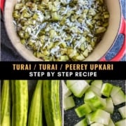 A collage with step by step photos to make peerey / turiya bhaji