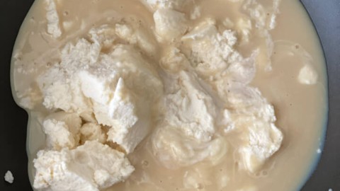 Condensed milk and ricotta cheese mixed in a pan