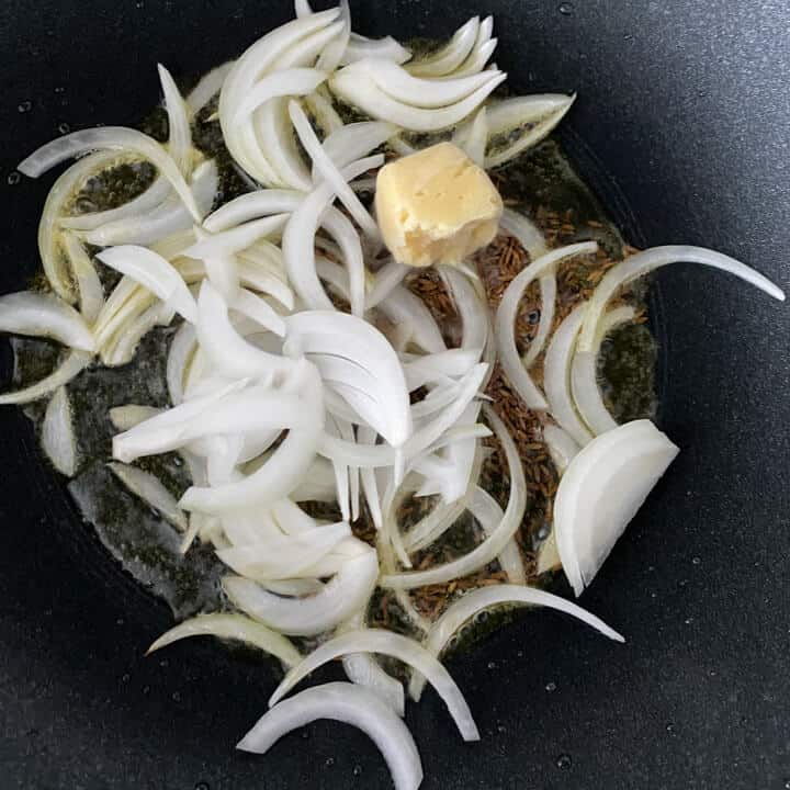 Onions and ginger in a pan