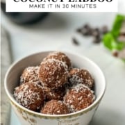 Chocolate coconut laddus served in a white bowl with text overlay