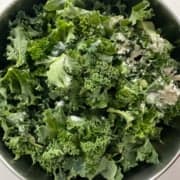 Kale pieces in a steel bowl with seasonings on top