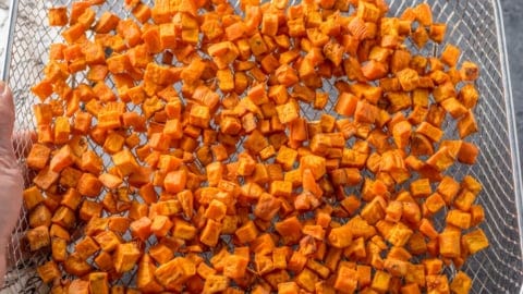 Roasted sweet potato cubes in the air fryer.