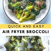 A plate of roasted broccoli, with a text overlay that reads: quick and easy air fryer broccoli.