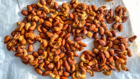 Honey roasted nuts on parchment paper