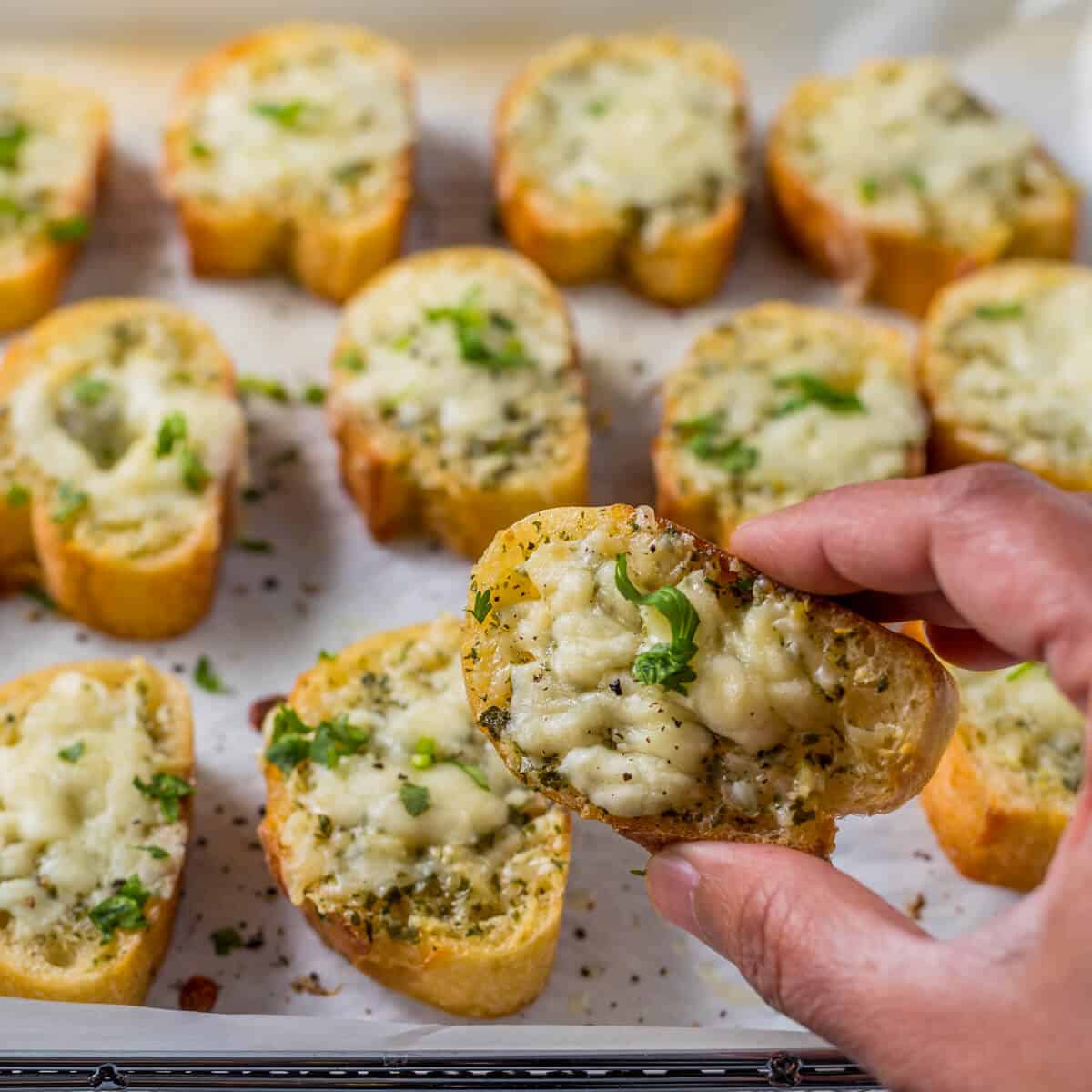 A hand holding a small piece of garlic bread topped with cheese and parsley.