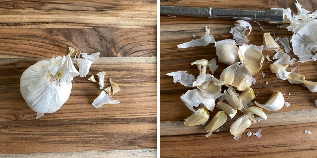 Separating a garlic bulb into individual cloves.