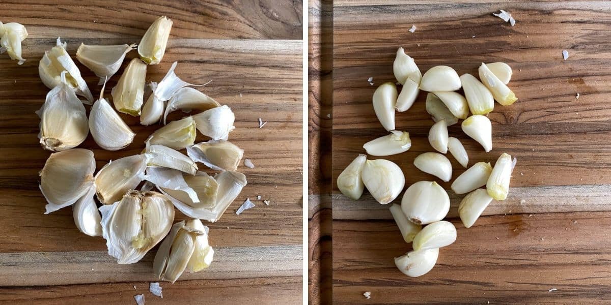 Peeling garlic cloves by trimming the edges.