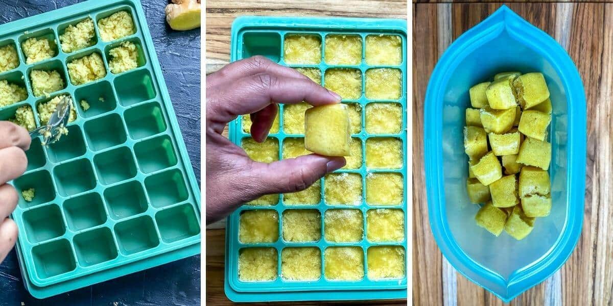 Adding homemade ginger paste to a silicone ice cube tray and freezing. Moving to storage in a freezer bag after.