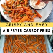 A hand dipping carrot fries into a creamy dip.