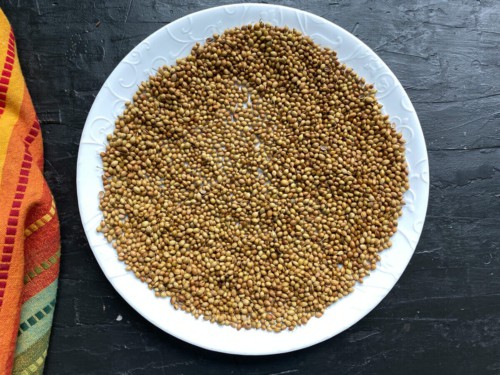 A shallow white bowl with toasted coriander seeds.