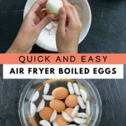 A hand peeling an air fryer boiled egg at the top the words quick and easy air fryer boiled eggs in the middle and boiled eggs in an ice bath at the bottom.