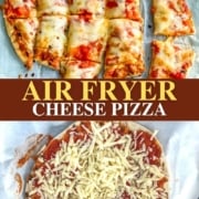 A naan bread pizza, cut into strips. The text overlay reads: Air fryer cheese pizza.