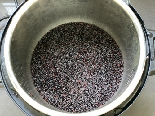 Cooked black rice in the insert of an Instant Pot