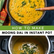 A bowl of instant pot moong dal, garnished with cilantro and lime juice.