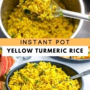 A silver spoon of yellow rice over the instant pot at the top the words Instant Pot Yellow Turmeric Rice in the middle, and a bowl of yellow turmeric rice at the bottom.