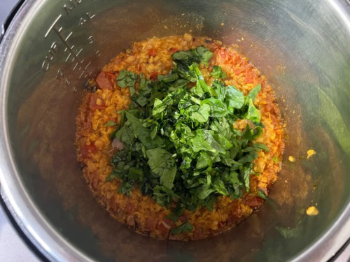 Spinach on top of the cooked dal.