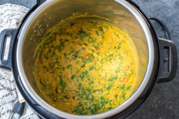 Fully cooked spinach dal in an Instant Pot.