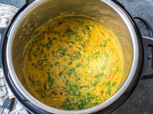 Fully cooked spinach dal in an Instant Pot.