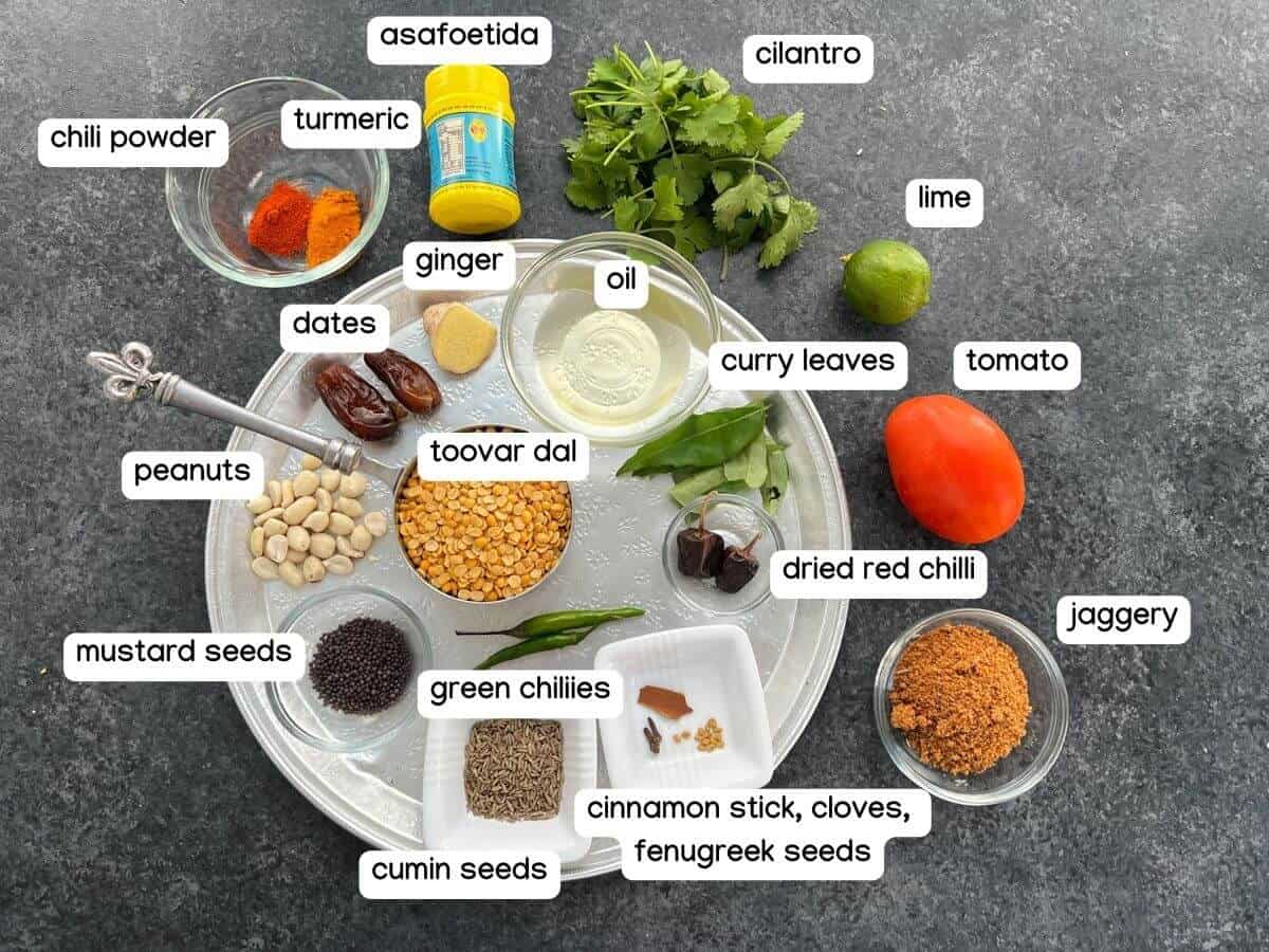 The ingredients needed to make Gujarati Dal.