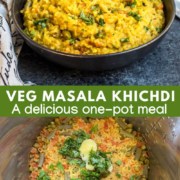 A bowl of Masala khichdi topped with cilantro.