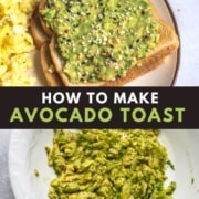 A stack of toasted topped with avocado.