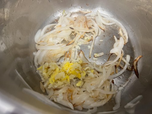Onions garlic and ginger in the instant pot.