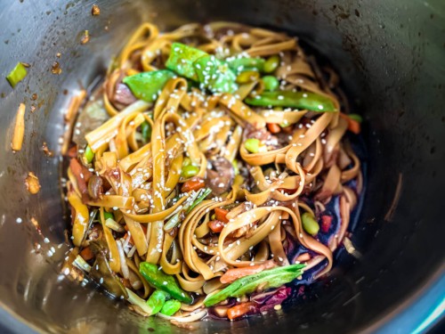 Cooked lo mein topped with sesame seeds in the Instant Pot.