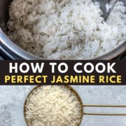 An Instant Pot with cooked Jasmine rice at the top with the words How to Cook Perfect Jasmine Rice in the middle and a gold measuring cup at the bottom with uncooked jasmine rice.