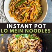 A white bowl with Instant Pot lo mein noodles at the top with the words Instant Pot Lo Mein Noodles in the middle and the Instant Pot with vegetable lo mein at the bottom.