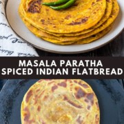 A stack of masala paratha on a white plate topped with peppers with the words masala paratha spiced Indian Flatbread in the middle and a skillet with a paratha cooking at the bottom.