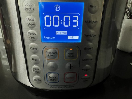 An Instant Pot set to three minutes.
