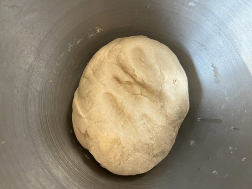 A ball of dough in a stand mixer.