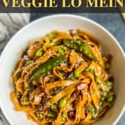 The words Instant Pot Veggie Lo Mein at the top with a white bowl of lo mein noodles on a blue counter with a white and black dish towel to the left.