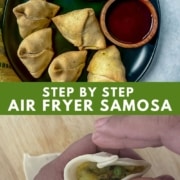 Air fried samosa with a side of chutney.