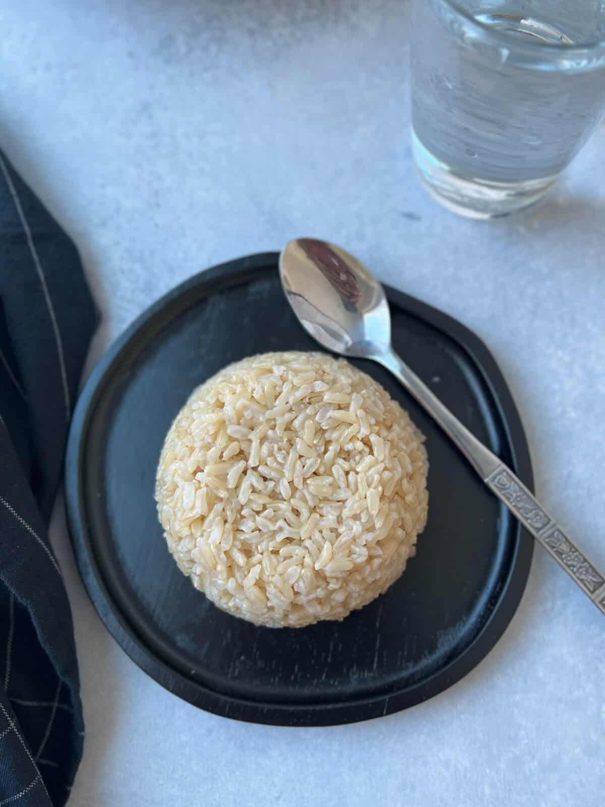 A plate with a mound of basmati brown rice on it.