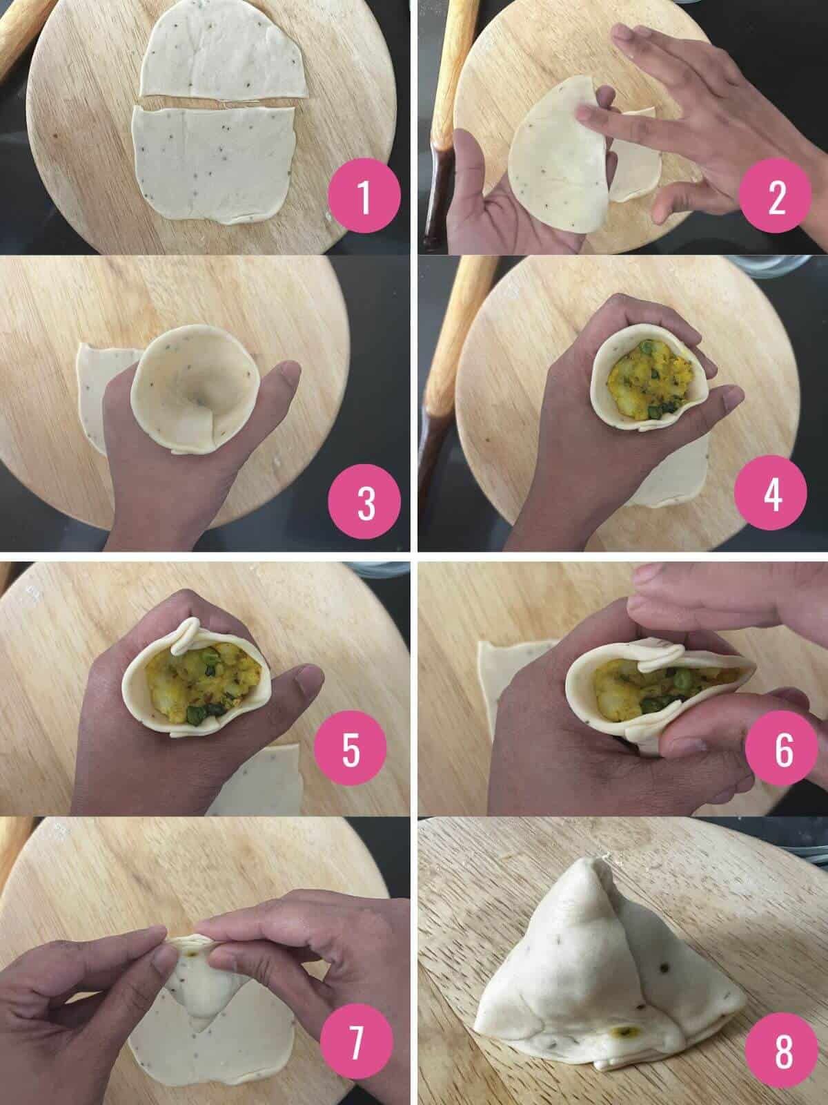 Collage of image showing how to fold samosa