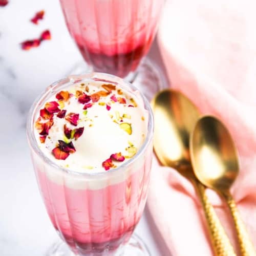 Rose falooda served in two tall glasses