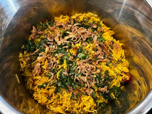 Instant Pot biryani with spices and vegetables.
