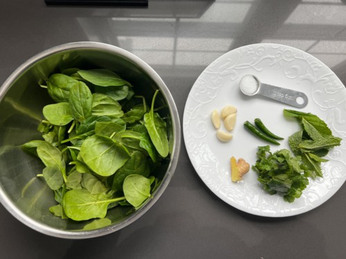 Recipe ingredients: bowl of fresh spinach, plate with garlic cloves, chiles, and spices.